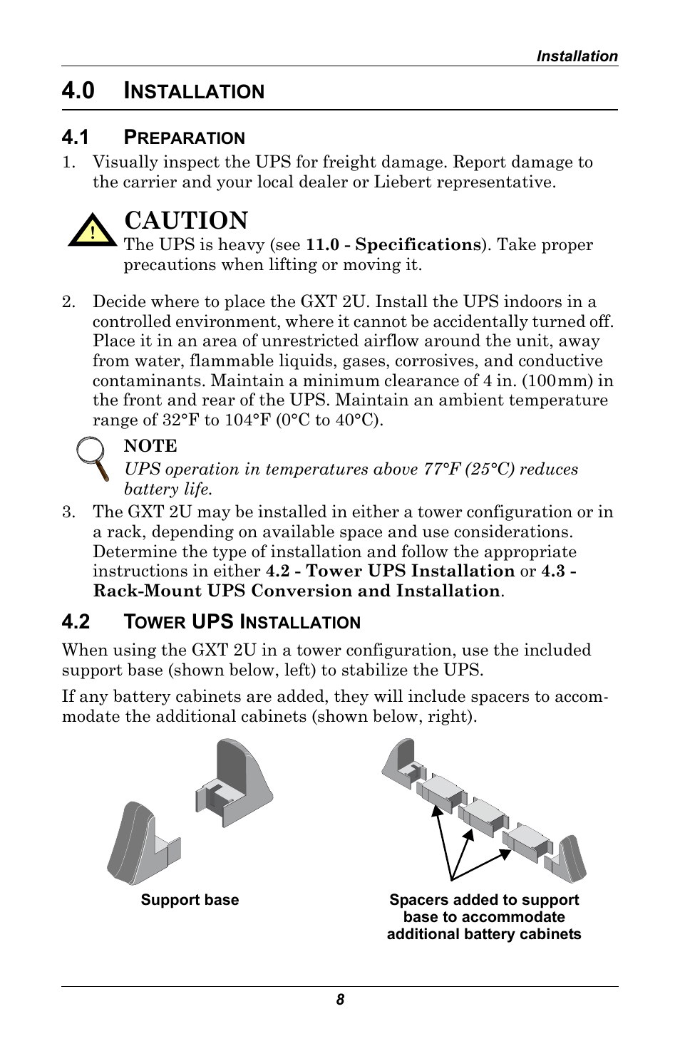 0 installation, 1 preparation, 2 tower ups installation | Nstallation, Preparation, Tower ups installation, Caution, Ups i | Liebert GXT 2U User Manual | Page 12 / 44