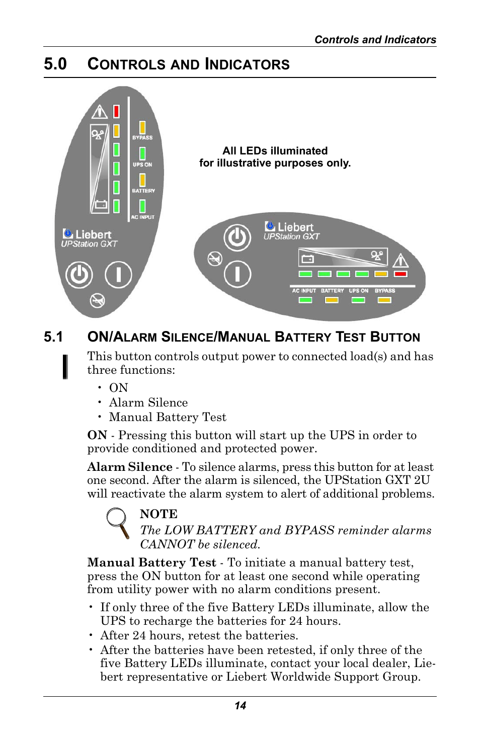 0 controls and indicators, 1 on/alarm silence/manual battery test button, Ontrols | Ndicators, On/alarm silence/manual battery test button | Liebert GXT 2U User Manual | Page 18 / 44