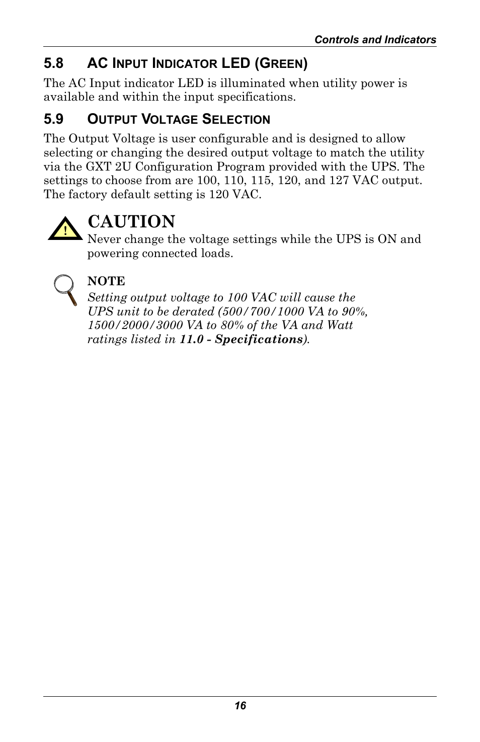 8 ac input indicator led (green), 9 output voltage selection, Ac input indicator led (green) | Output voltage selection, Caution | Liebert GXT 2U User Manual | Page 20 / 44