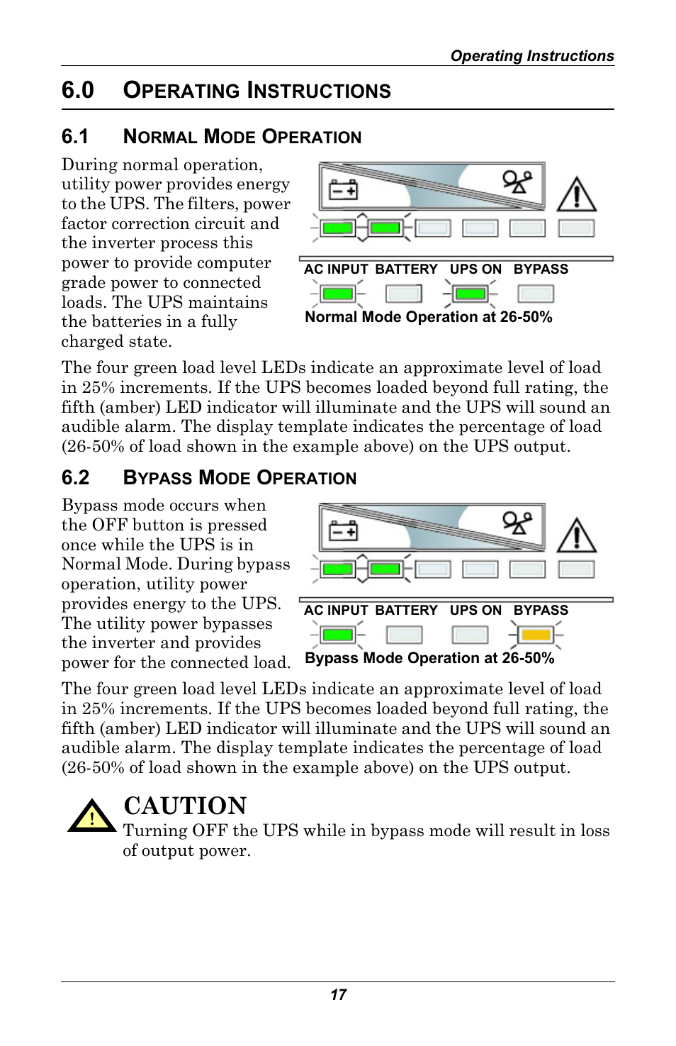 0 operating instructions, 1 normal mode operation, 2 bypass mode operation | Perating, Nstructions, Normal mode operation, Bypass mode operation, Caution | Liebert GXT 2U User Manual | Page 21 / 44