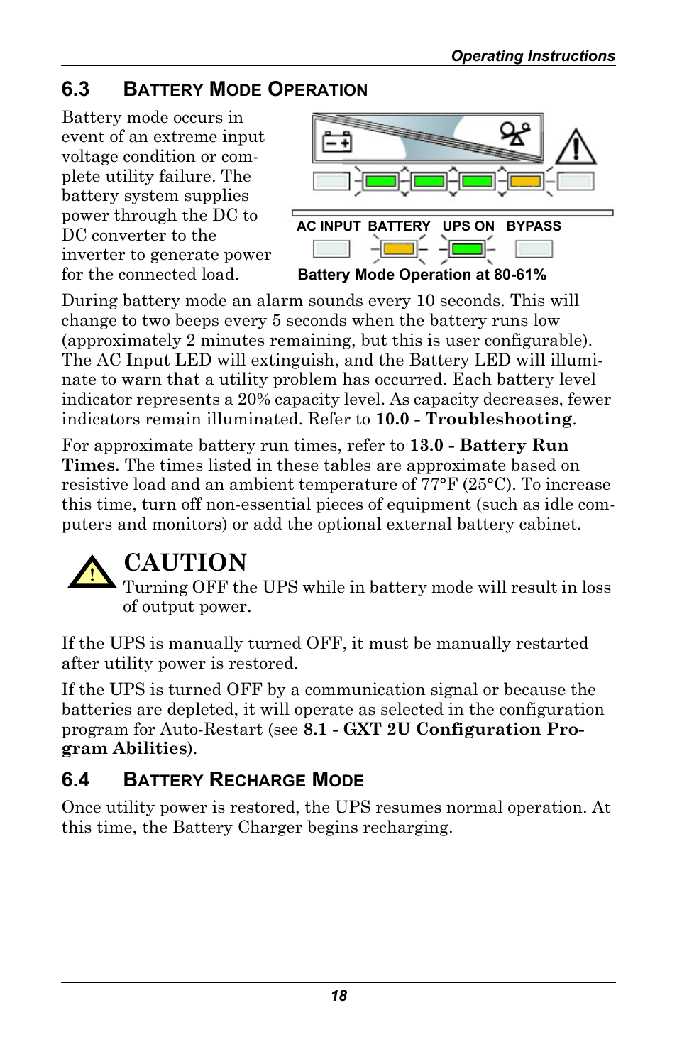 3 battery mode operation, 4 battery recharge mode, Battery mode operation | Battery recharge mode, Caution | Liebert GXT 2U User Manual | Page 22 / 44