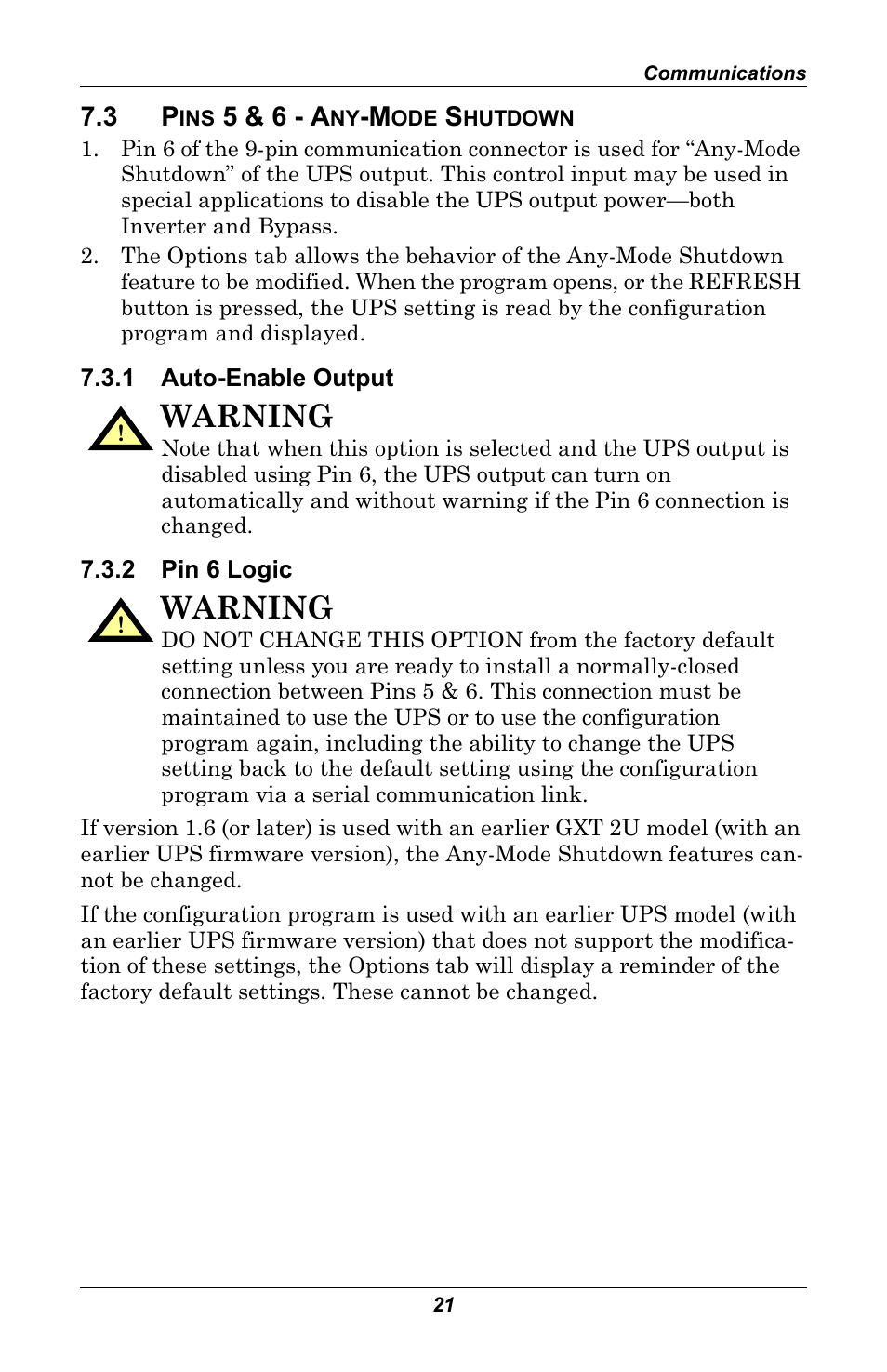 3 pins 5 & 6 - any-mode shutdown, 1 auto-enable output, 2 pin 6 logic | Pins 5 & 6 - any-mode shutdown, Auto-enable output, Pin 6 logic, Warning, 5 & 6 - a | Liebert GXT 2U User Manual | Page 25 / 44