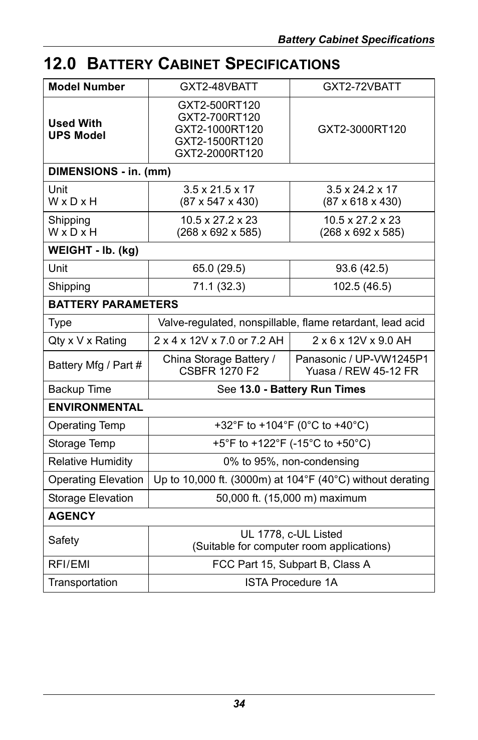 0 battery cabinet specifications, Attery, Abinet | Pecifications | Liebert GXT 2U User Manual | Page 38 / 44