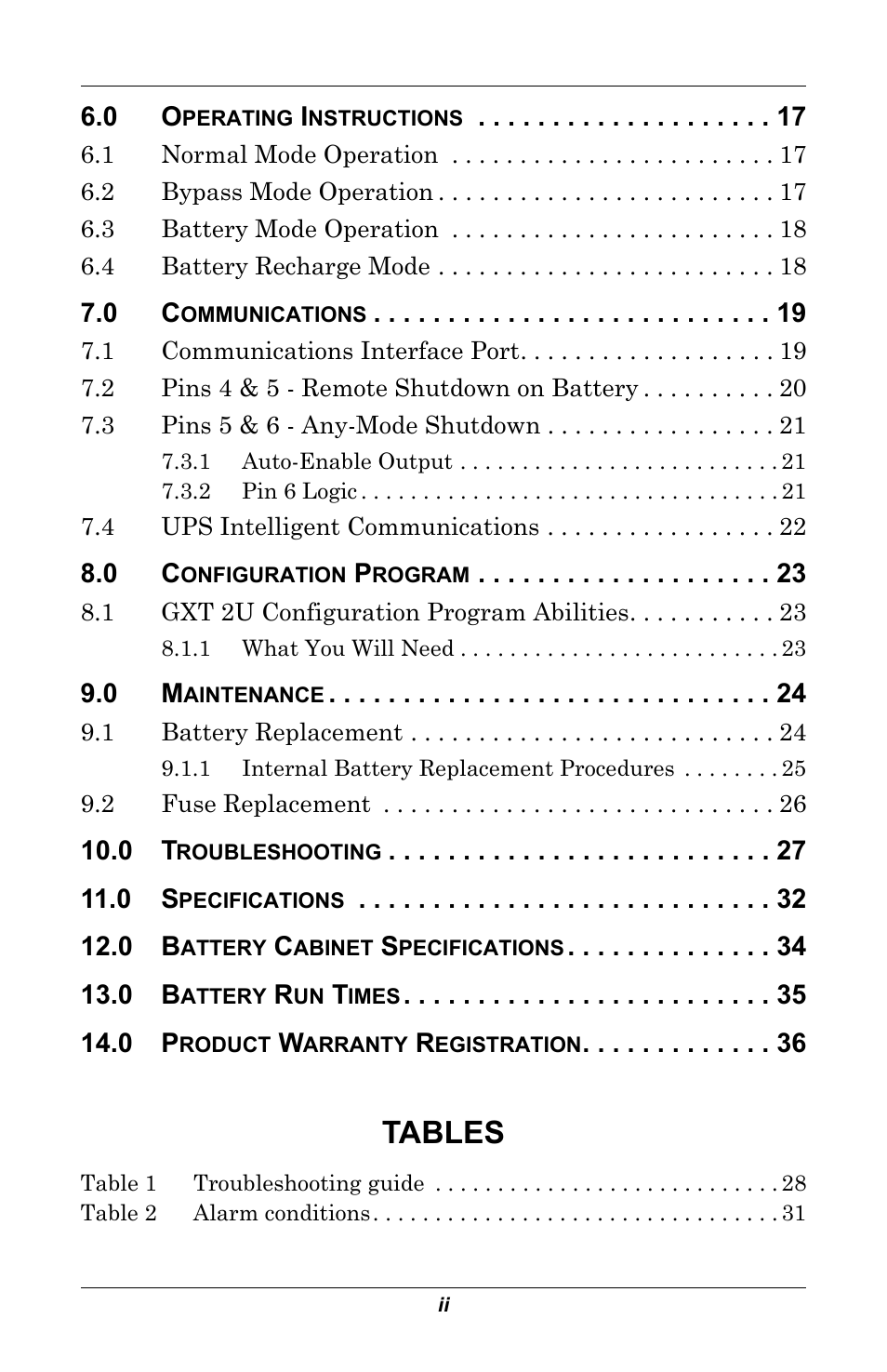 Tables | Liebert GXT 2U User Manual | Page 4 / 44