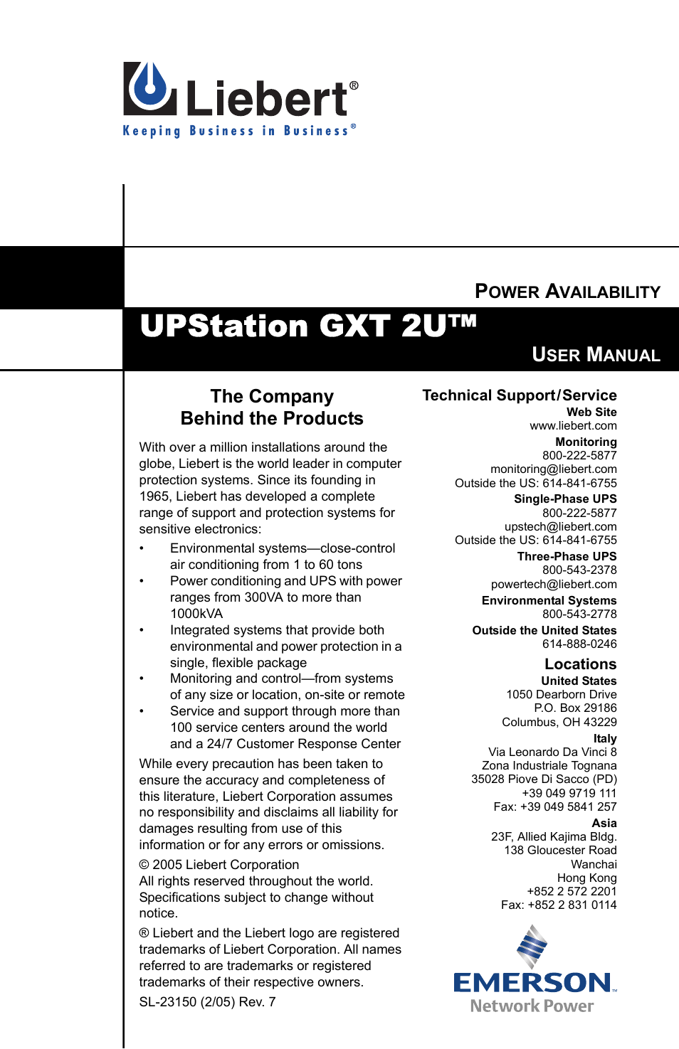 Upstation gxt 2u, The company behind the products, Ower | Vailability, Anual | Liebert GXT 2U User Manual | Page 44 / 44