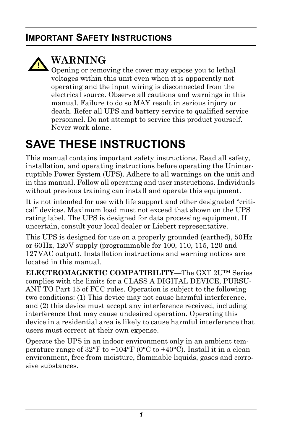 Important safety instructions, Save these instructions, Warning | Liebert GXT 2U User Manual | Page 5 / 44