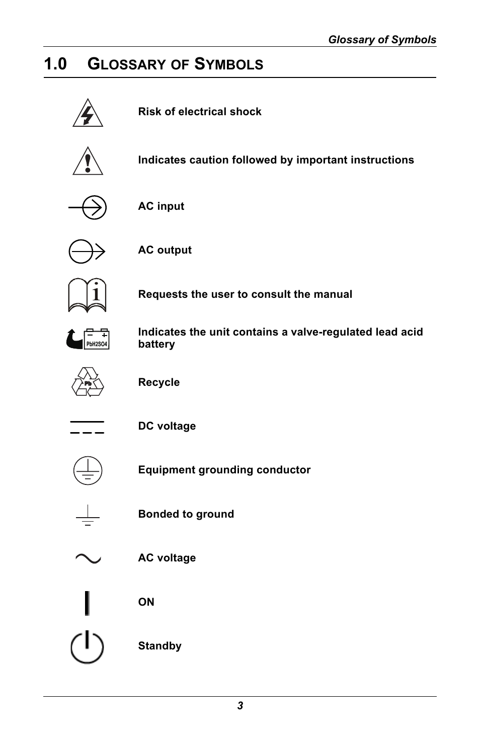 0 glossary of symbols, Lossary, Ymbols | Liebert GXT 2U User Manual | Page 7 / 44