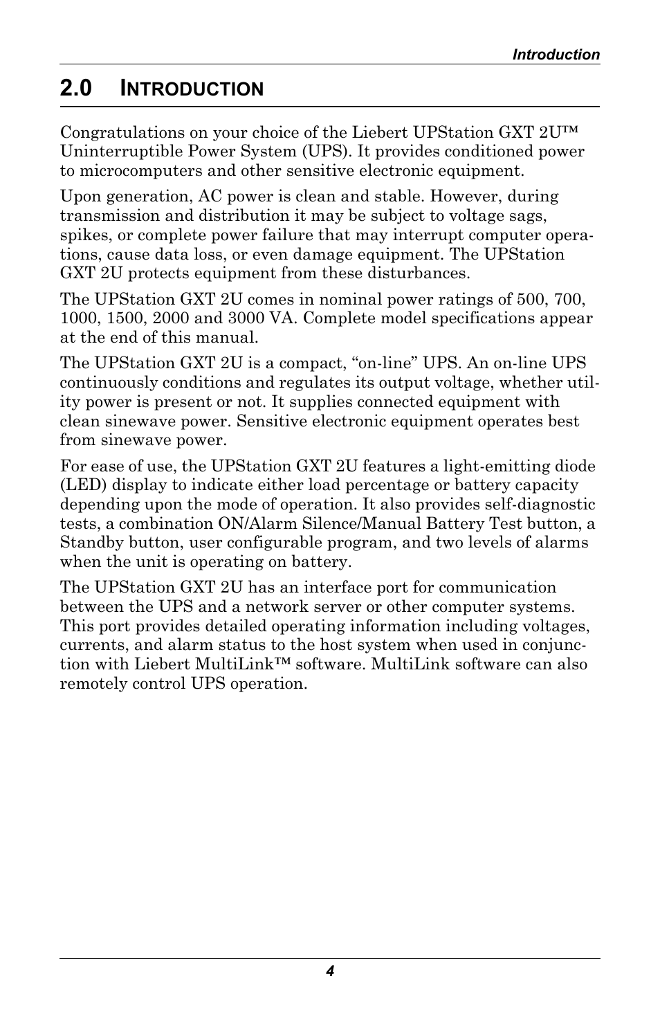 0 introduction, Ntroduction | Liebert GXT 2U User Manual | Page 8 / 44