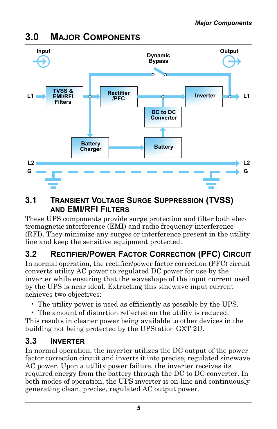 0 major components, 2 rectifier/power factor correction (pfc) circuit, 3 inverter | Ajor, Omponents, Transient voltage surge suppression (tvss), And emi/rfi filters, Rectifier/power factor correction (pfc) circuit, Inverter, Tvss) | Liebert GXT 2U User Manual | Page 9 / 44