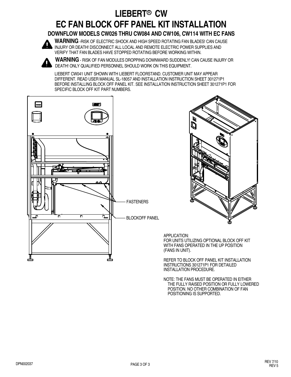 Liebert cw ec fan block off panel kit installation | Liebert EC FAN CW076 THRU CW114 User Manual | Page 3 / 3