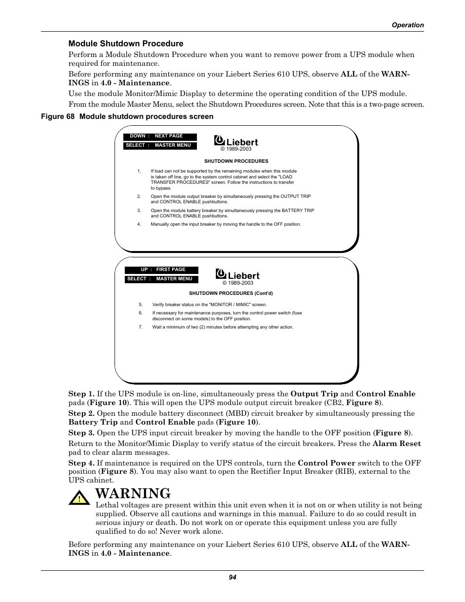Module shutdown procedure, Figure 68 module shutdown procedures screen, Warning | Liebert 1000kVA User Manual | Page 100 / 120