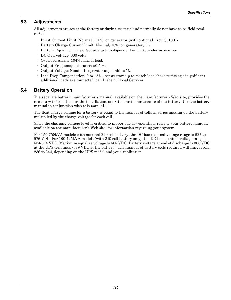 3 adjustments, 4 battery operation, Adjustments | Battery operation | Liebert 1000kVA User Manual | Page 116 / 120