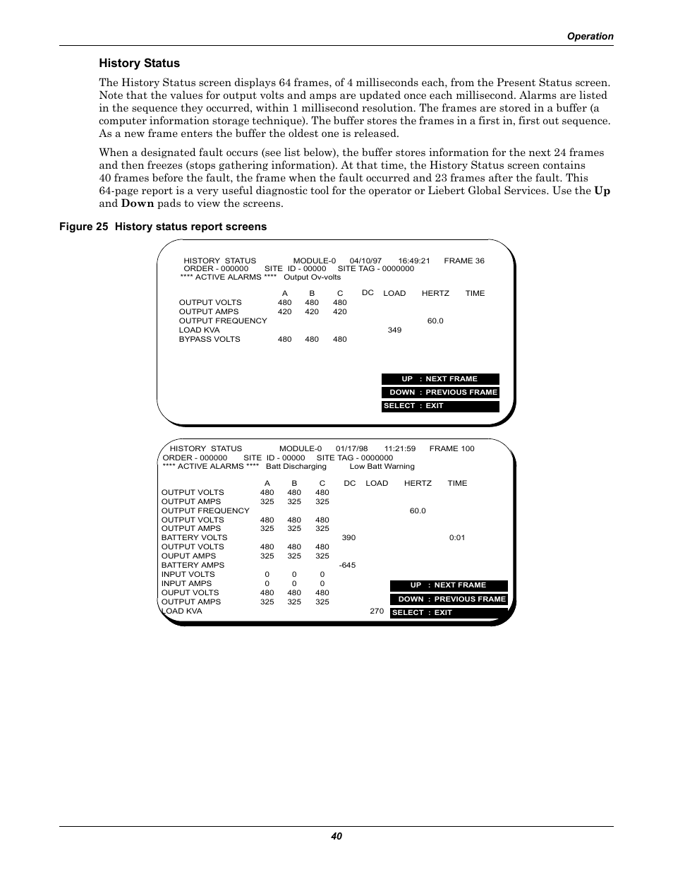 History status, Figure 25 history status report screens, Operation 40 | Liebert 1000kVA User Manual | Page 46 / 120