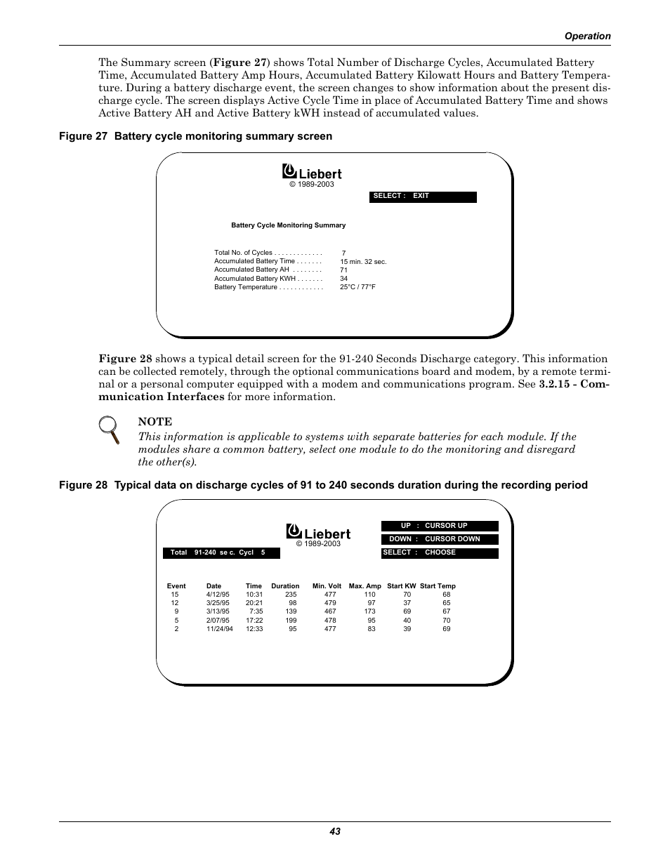 Figure 27 battery cycle monitoring summary screen, Operation 43 | Liebert 1000kVA User Manual | Page 49 / 120