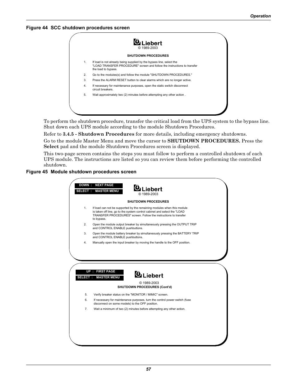 Figure 44 scc shutdown procedures screen, Figure 45 module shutdown procedures screen, Operation 57 | Liebert 1000kVA User Manual | Page 63 / 120