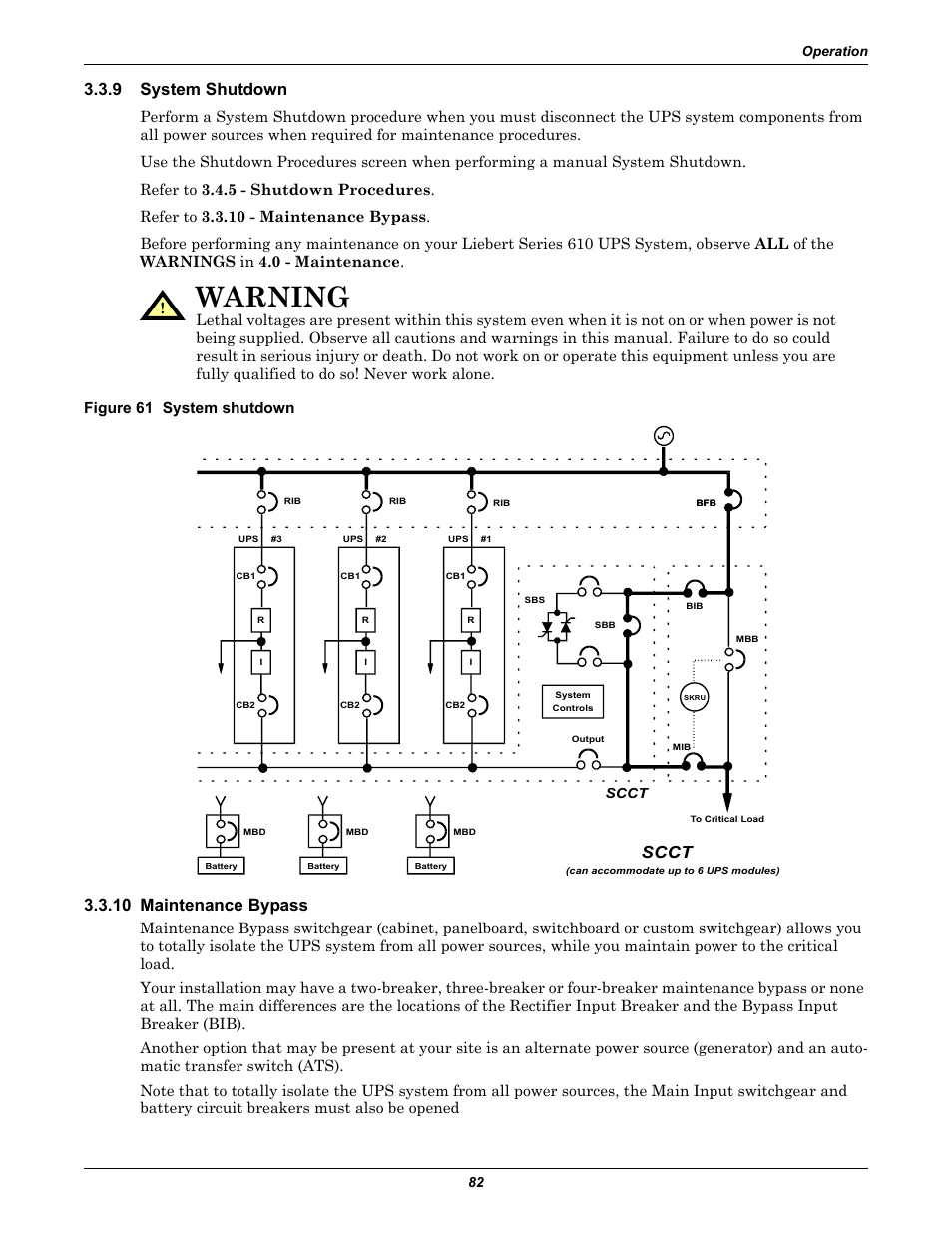 9 system shutdown, Figure 61 system shutdown, 10 maintenance bypass | System shutdown, Warning, Scct | Liebert 1000kVA User Manual | Page 88 / 120