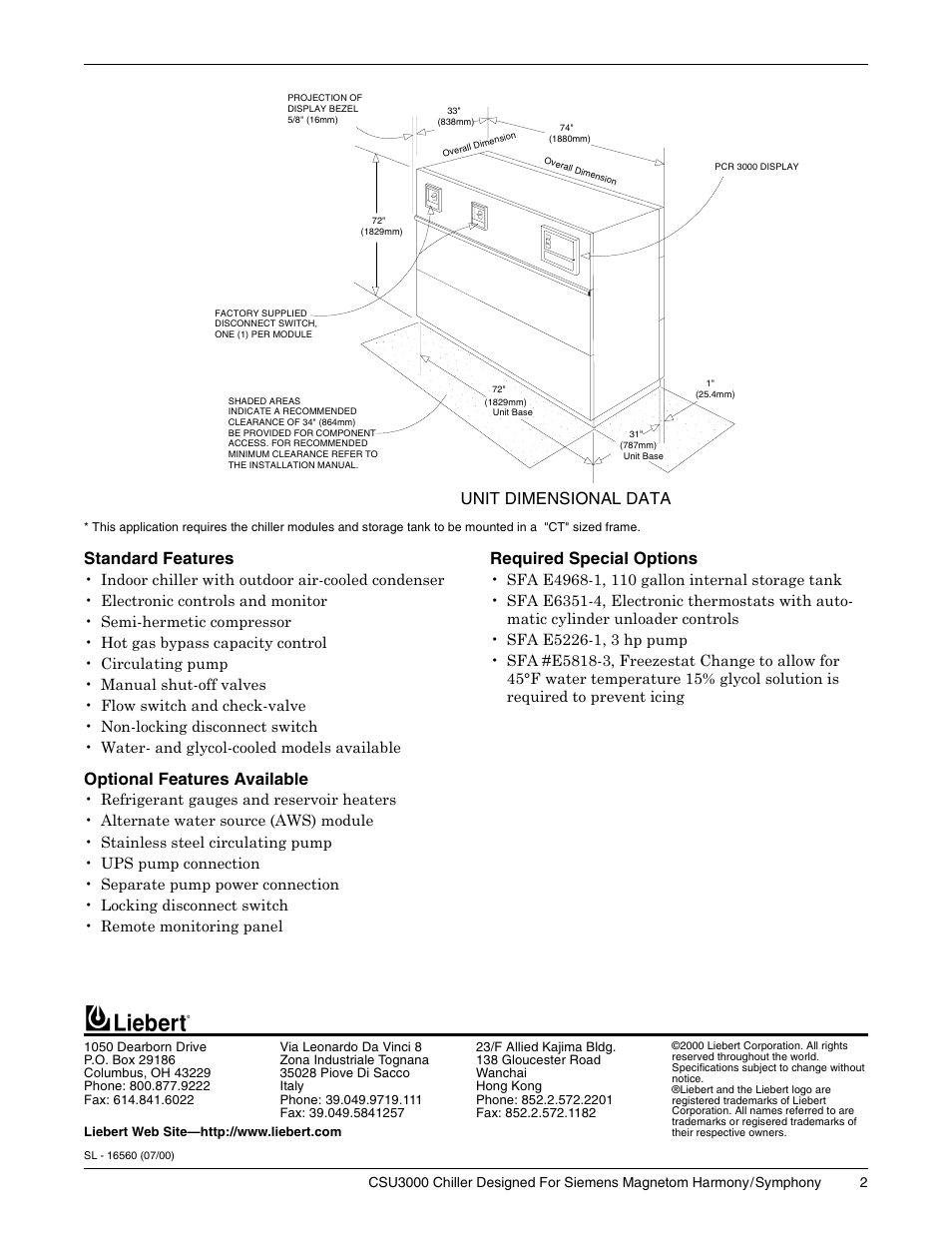Standard features, Optional features available, Required special options | Unit dimensional data | Liebert CSU 3000 User Manual | Page 2 / 2