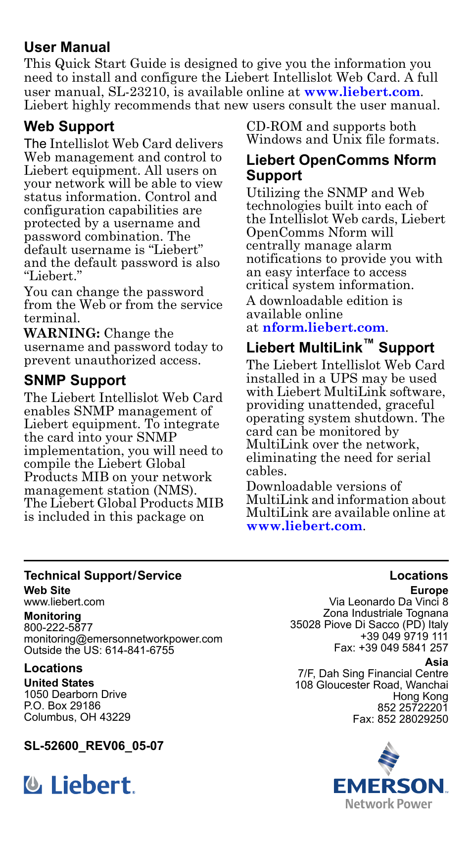 User manual, Web support, Snmp support | Liebert opencomms nform support, Liebert multilink, Support | Liebert Network Card User Manual | Page 2 / 2