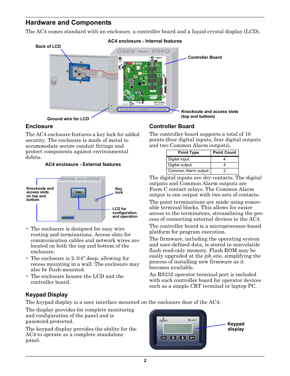 Hardware and components, Enclosure, Controller board | Keypad display | Liebert Autochangeover Controllers AC4 User Manual | Page 2 / 4