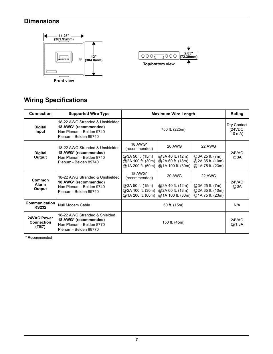 Dimensions, Wiring specifications, Dimensions wiring specifications | Liebert Autochangeover Controllers AC4 User Manual | Page 3 / 4