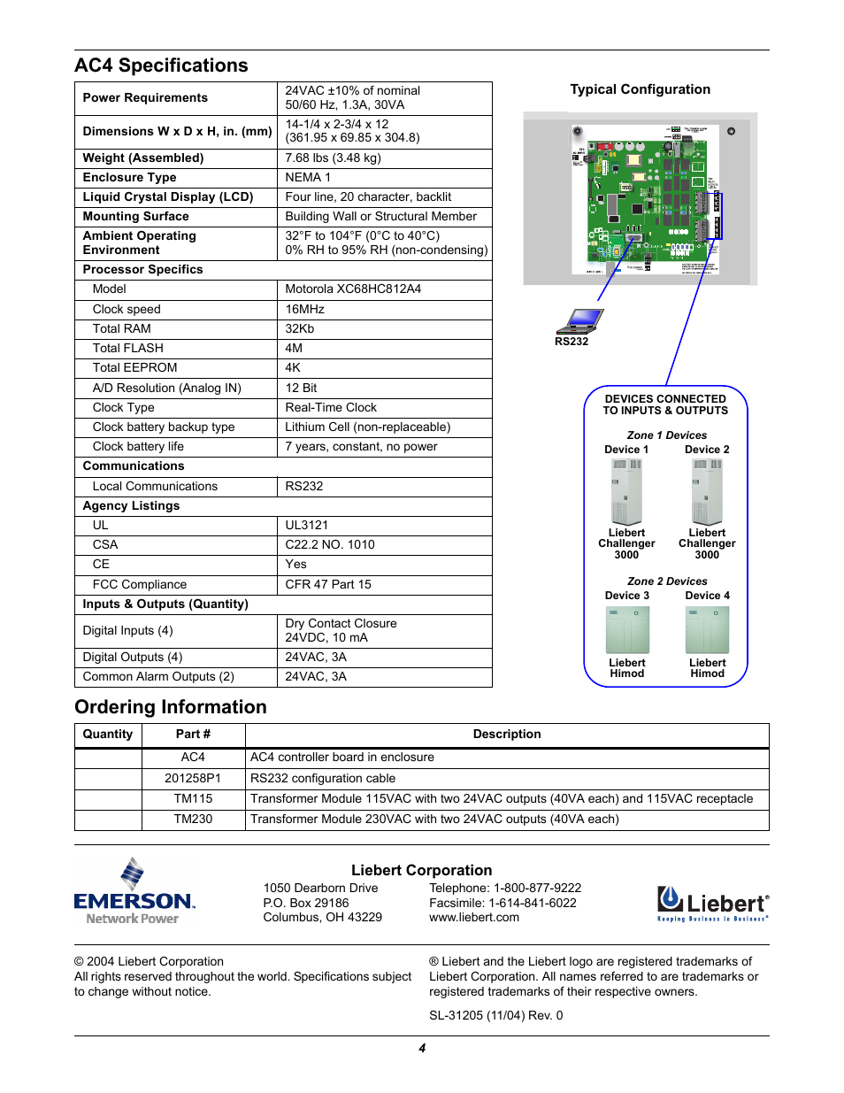 Ac4 specifications, Ordering information, Ac4 specifications ordering information | Liebert Autochangeover Controllers AC4 User Manual | Page 4 / 4