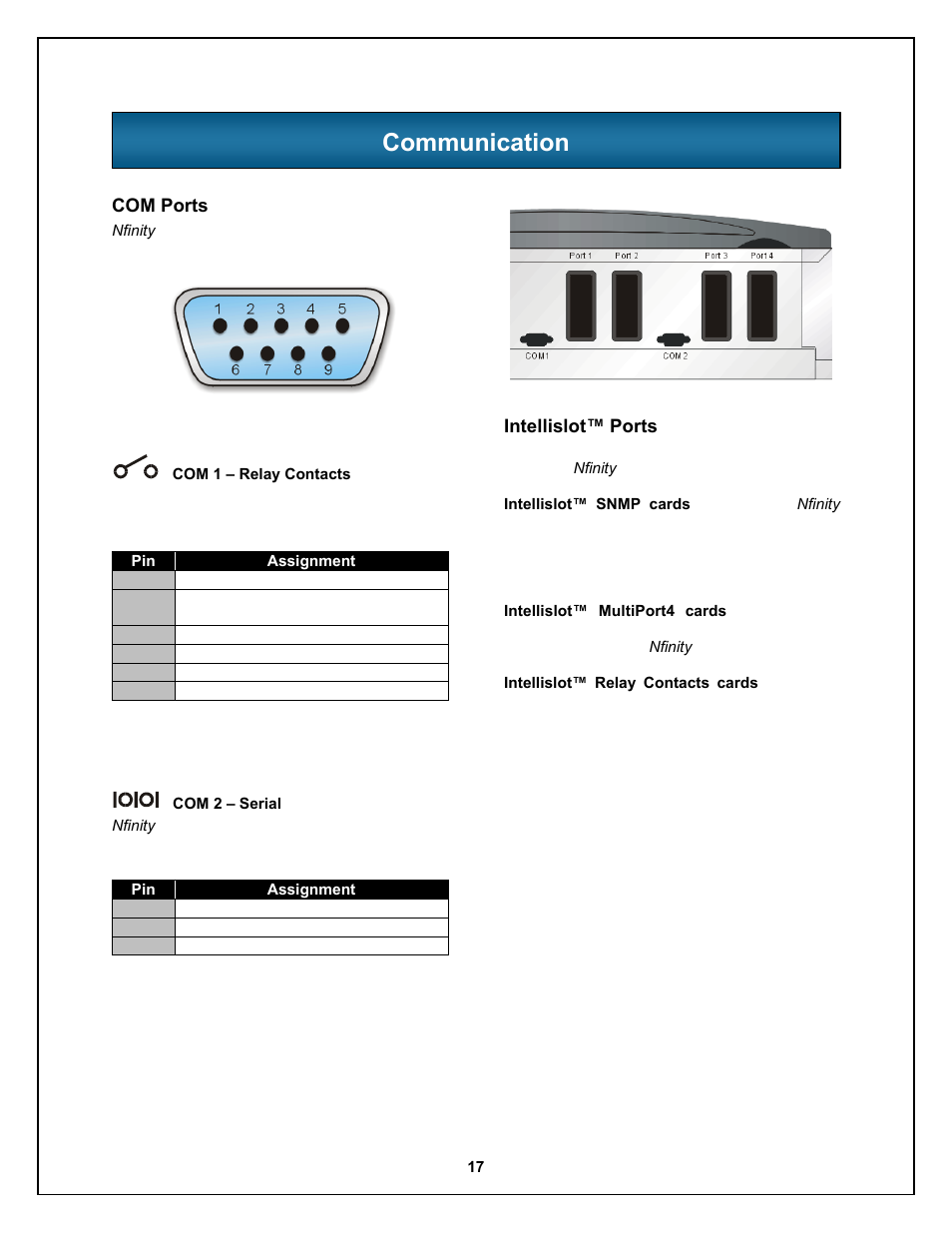Communication, Com ports, Intellislot™ ports | Liebert Nfinity 208 V / 240 V 60Hz User Manual | Page 19 / 45
