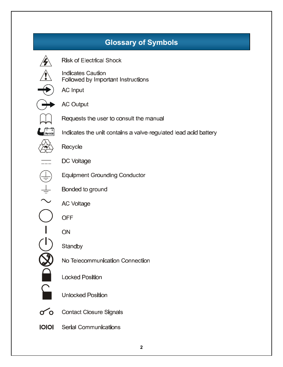Glossary of symbols | Liebert Nfinity 208 V / 240 V 60Hz User Manual | Page 4 / 45