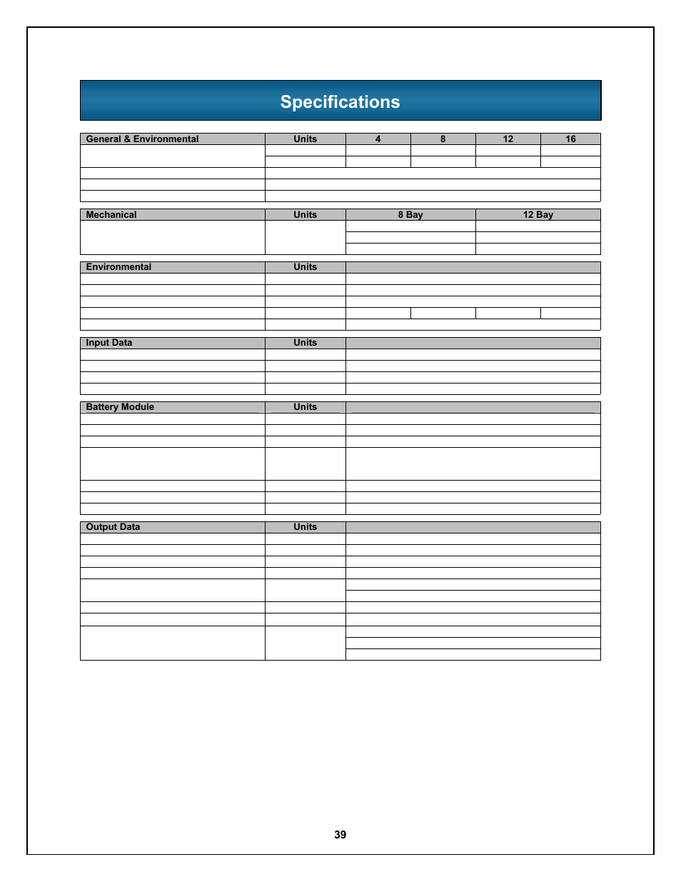 Specifications | Liebert Nfinity 208 V / 240 V 60Hz User Manual | Page 41 / 45