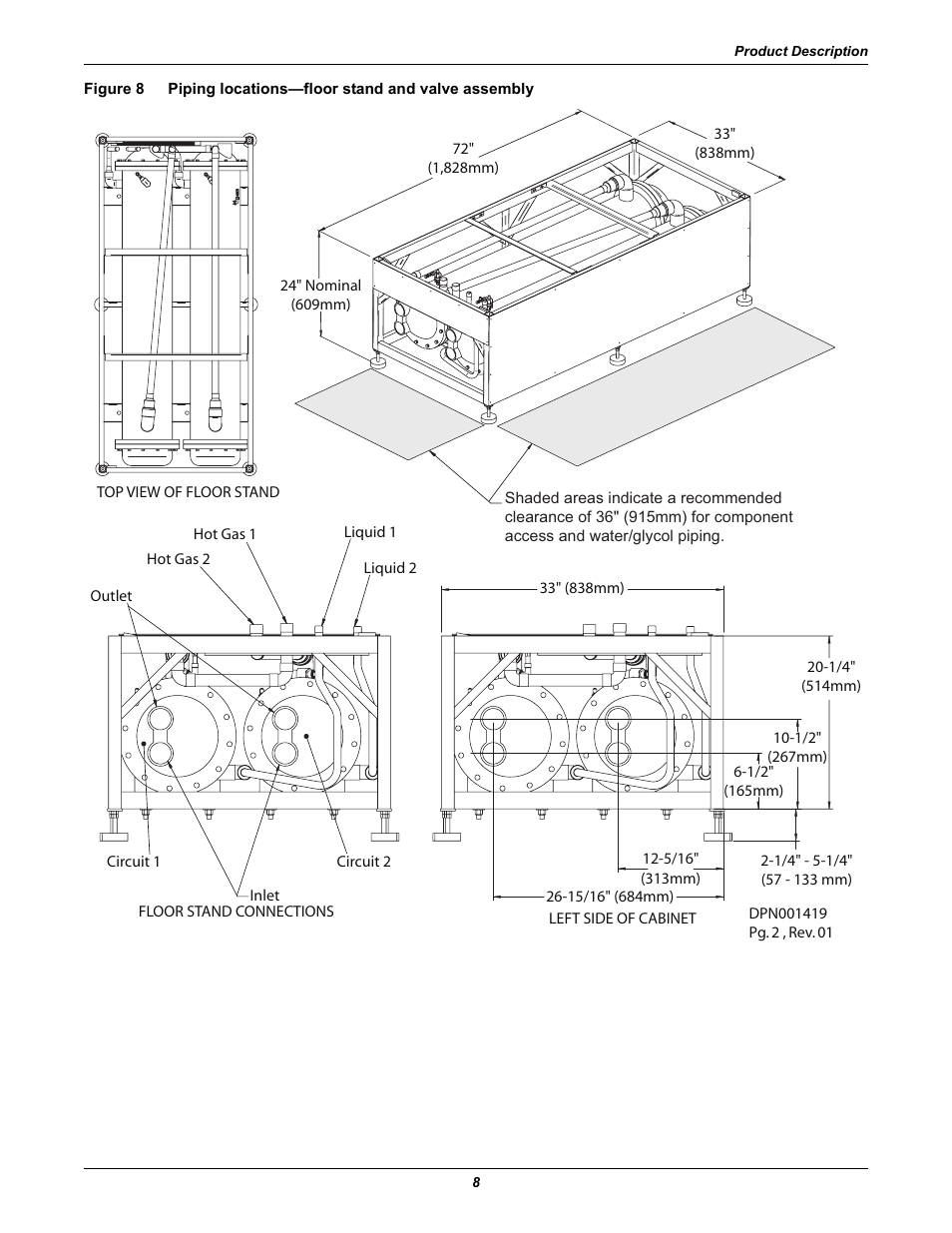 Figure 8, Piping locations—floor stand and valve assembly, D 8 ) | Liebert Extreme Density Chiller XDC User Manual | Page 14 / 64