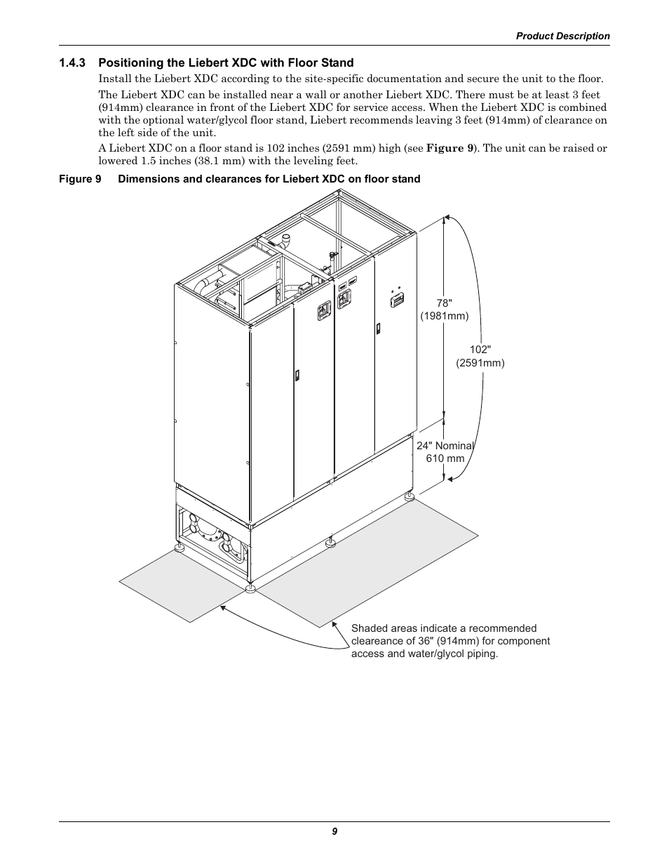 3 positioning the liebert xdc with floor stand, Positioning the liebert xdc with floor stand, Figure 9 | Liebert Extreme Density Chiller XDC User Manual | Page 15 / 64