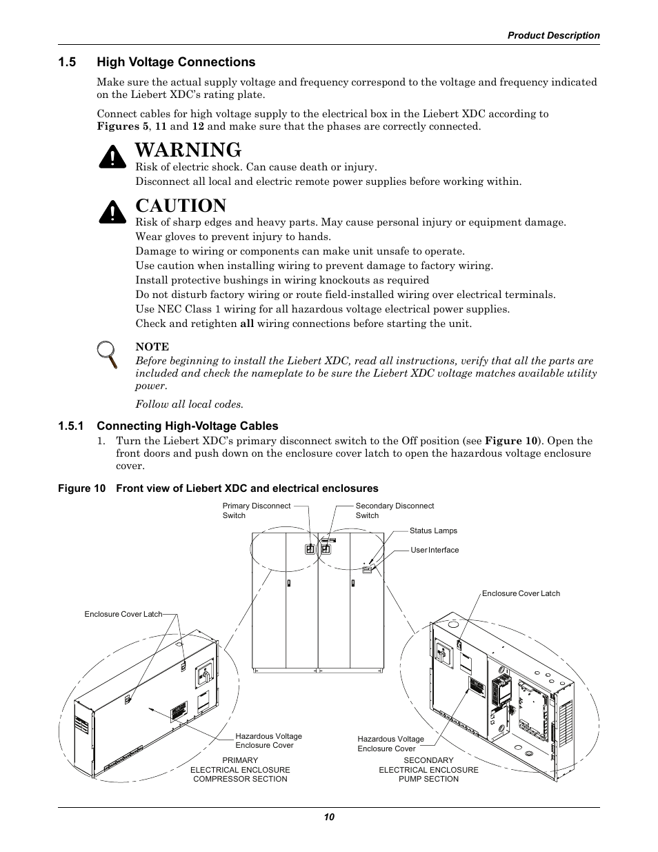 5 high voltage connections, 1 connecting high-voltage cables, High voltage connections | Connecting high-voltage cables, Warning, Caution | Liebert Extreme Density Chiller XDC User Manual | Page 16 / 64