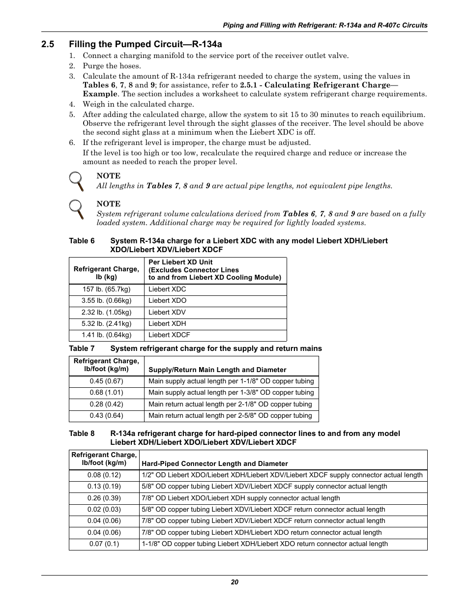 5 filling the pumped circuit—r-134a, Filling the pumped circuit—r-134a, Table 6 | Xdo/liebert xdv/liebert xdcf, Table 7, Table 8, Liebert xdh/liebert xdo/liebert xdv/liebert xdcf | Liebert Extreme Density Chiller XDC User Manual | Page 26 / 64