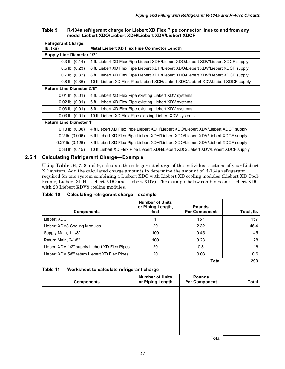 1 calculating refrigerant charge—example, Table 10 calculating refrigerant charge—example, Table 11 worksheet to calculate refrigerant charge | Calculating refrigerant charge—example, Table 9, Table 10, Table 11, Worksheet to calculate refrigerant charge, 1 - calculating refrigerant charge, Example | Liebert Extreme Density Chiller XDC User Manual | Page 27 / 64