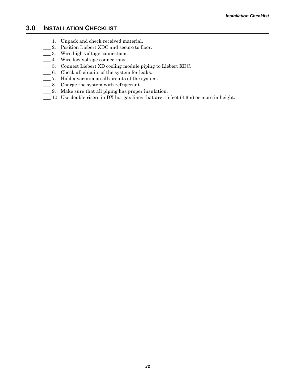 0 installation checklist, Nstallation, Hecklist | Liebert Extreme Density Chiller XDC User Manual | Page 38 / 64