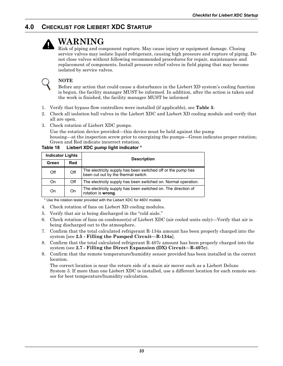 0 checklist for liebert xdc startup, Table 18 liebert xdc pump light indicator, Hecklist | Iebert, Xdc s, Tartup, Table 18, Liebert xdc pump light indicator, Warning | Liebert Extreme Density Chiller XDC User Manual | Page 39 / 64