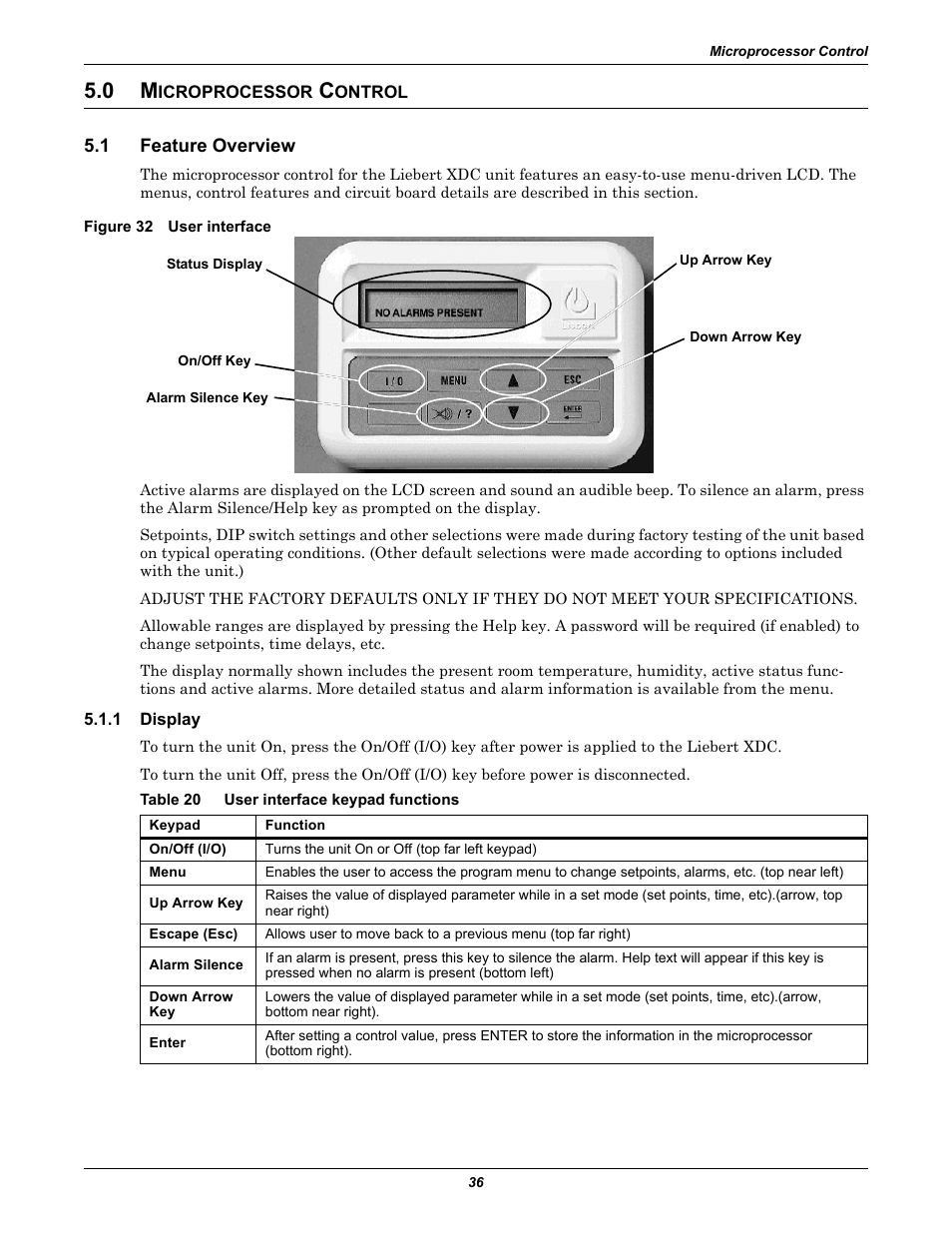 0 microprocessor control, 1 feature overview, Figure 32 user interface | 1 display, Table 20 user interface keypad functions, Icroprocessor, Ontrol, Feature overview, Display, Table 20 | Liebert Extreme Density Chiller XDC User Manual | Page 42 / 64
