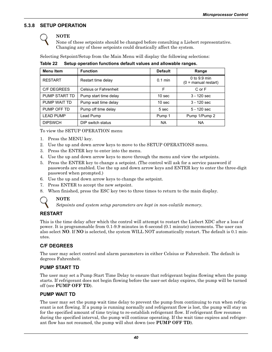 8 setup operation, Restart, C/f degrees | Pump start td, Pump wait td, Setup operation, Table 22 | Liebert Extreme Density Chiller XDC User Manual | Page 46 / 64