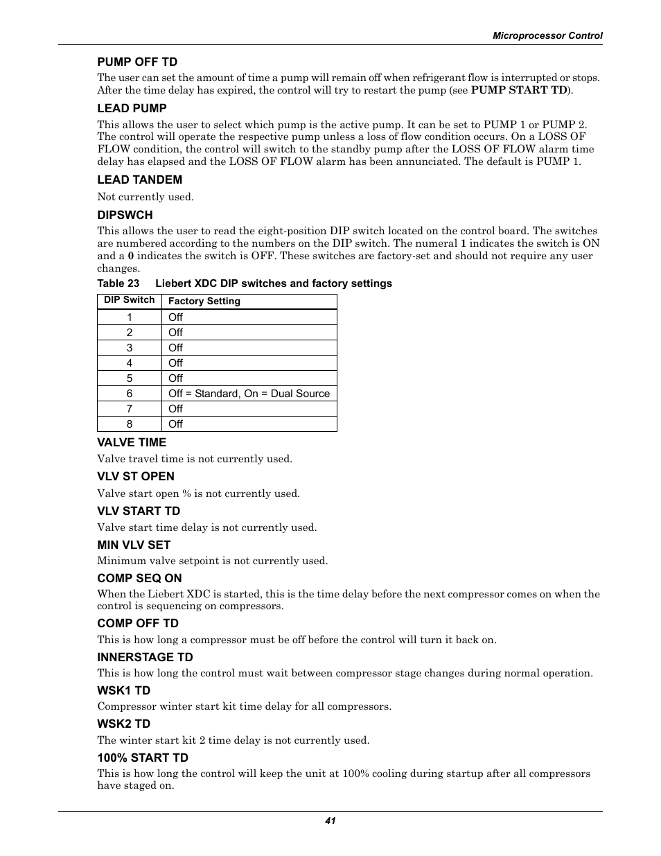 Pump off td, Lead pump, Lead tandem | Dipswch, Valve time, Vlv st open, Vlv start td, Min vlv set, Comp seq on, Comp off td | Liebert Extreme Density Chiller XDC User Manual | Page 47 / 64