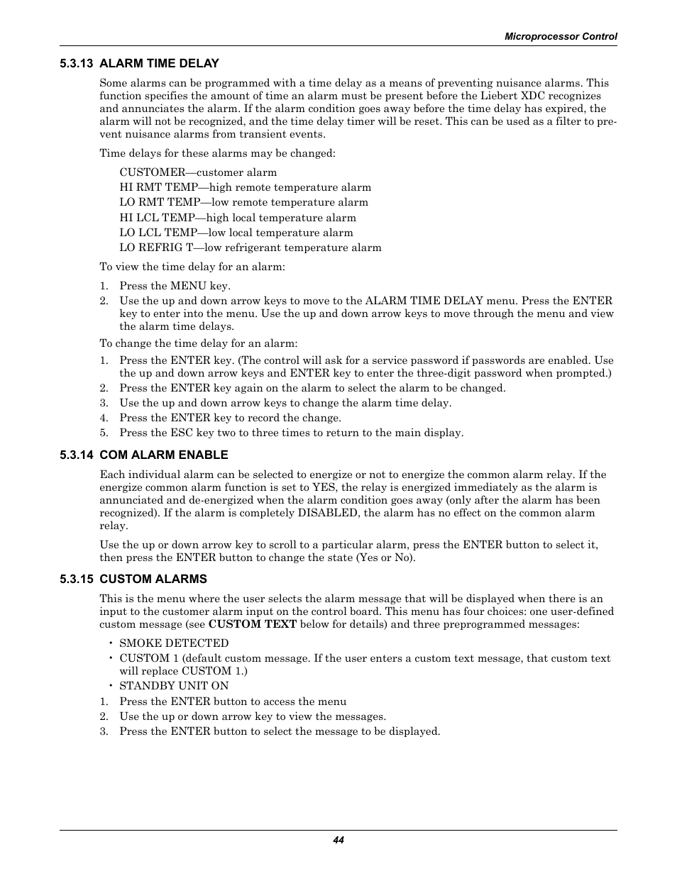 13 alarm time delay, 14 com alarm enable, 15 custom alarms | Liebert Extreme Density Chiller XDC User Manual | Page 50 / 64