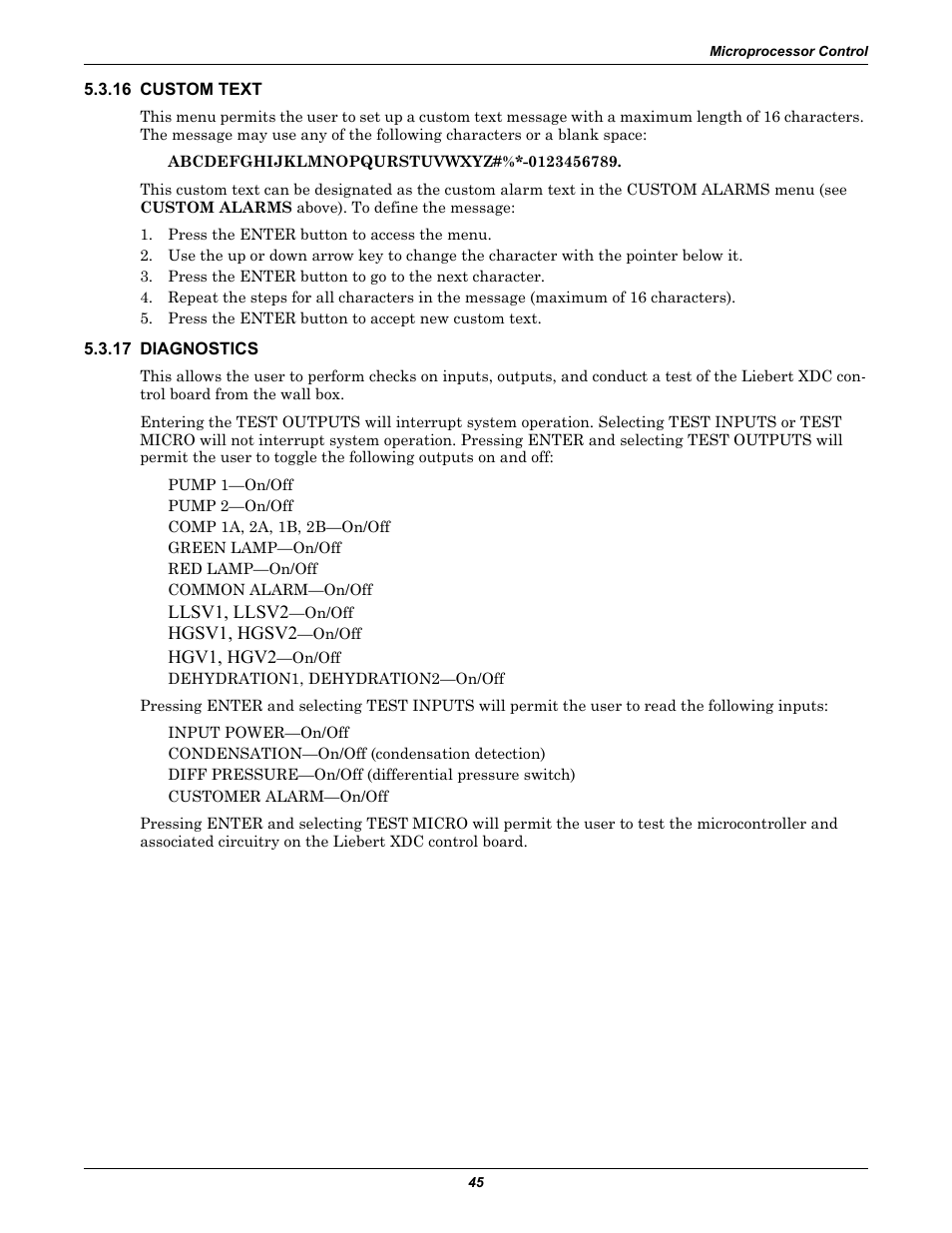 16 custom text, 17 diagnostics, 16 custom text 5.3.17 diagnostics | Liebert Extreme Density Chiller XDC User Manual | Page 51 / 64