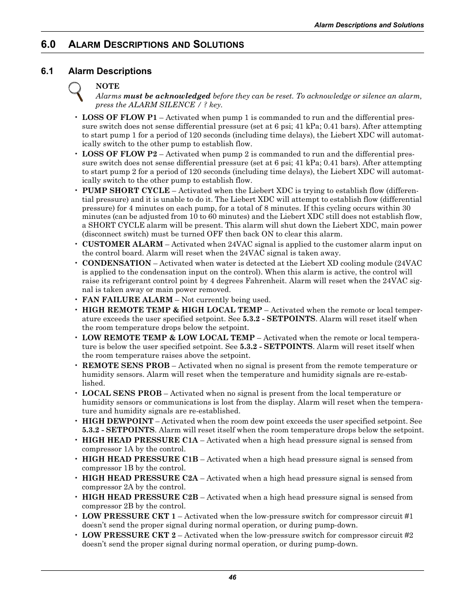0 alarm descriptions and solutions, 1 alarm descriptions, Larm | Escriptions, Olutions, Alarm descriptions | Liebert Extreme Density Chiller XDC User Manual | Page 52 / 64