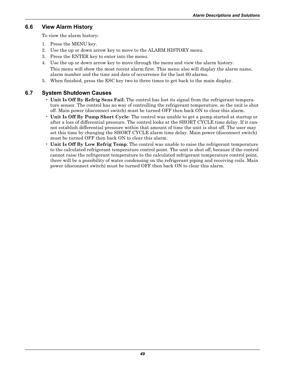 6 view alarm history, 7 system shutdown causes, View alarm history | System shutdown causes | Liebert Extreme Density Chiller XDC User Manual | Page 55 / 64