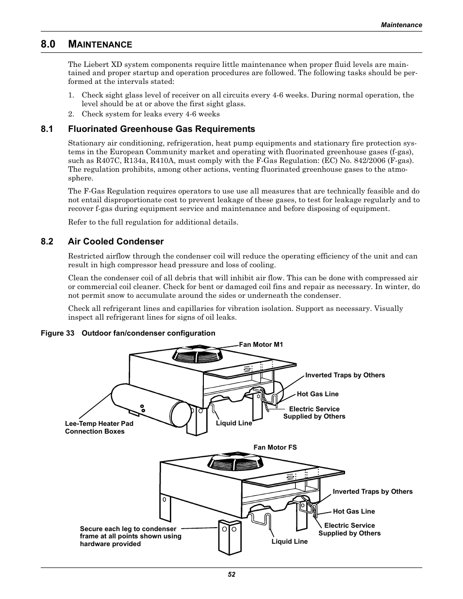 0 maintenance, 1 fluorinated greenhouse gas requirements, 2 air cooled condenser | Figure 33 outdoor fan/condenser configuration, Aintenance, Fluorinated greenhouse gas requirements, Air cooled condenser, Outdoor fan/condenser configuration | Liebert Extreme Density Chiller XDC User Manual | Page 58 / 64