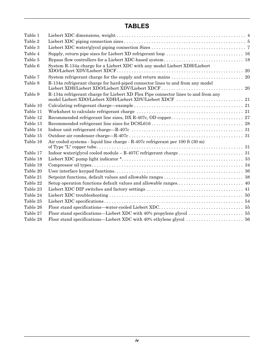 Tables | Liebert Extreme Density Chiller XDC User Manual | Page 6 / 64