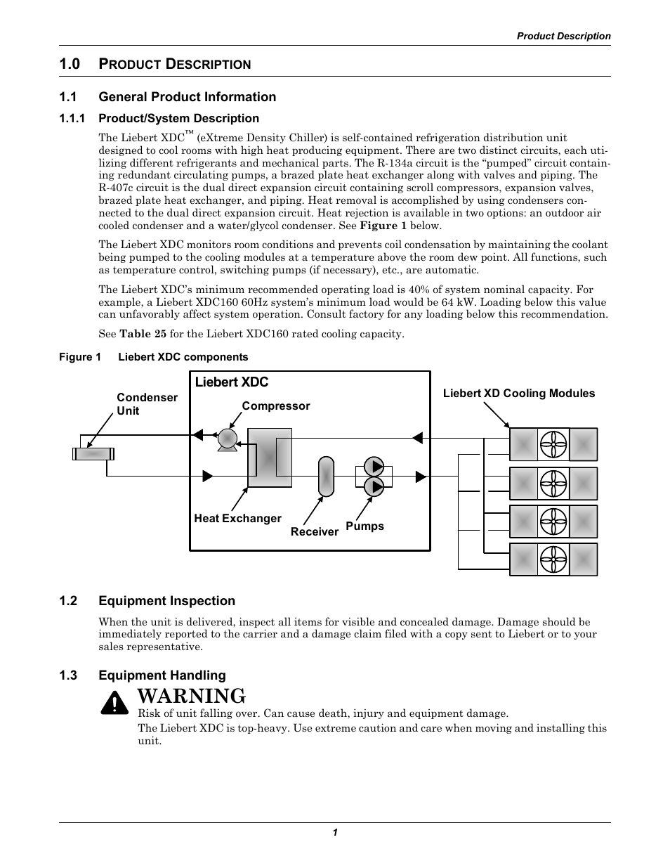 0 product description, 1 general product information, 1 product/system description | Figure 1 liebert xdc components, 2 equipment inspection, 3 equipment handling, Roduct, Escription, General product information, Product/system description | Liebert Extreme Density Chiller XDC User Manual | Page 7 / 64