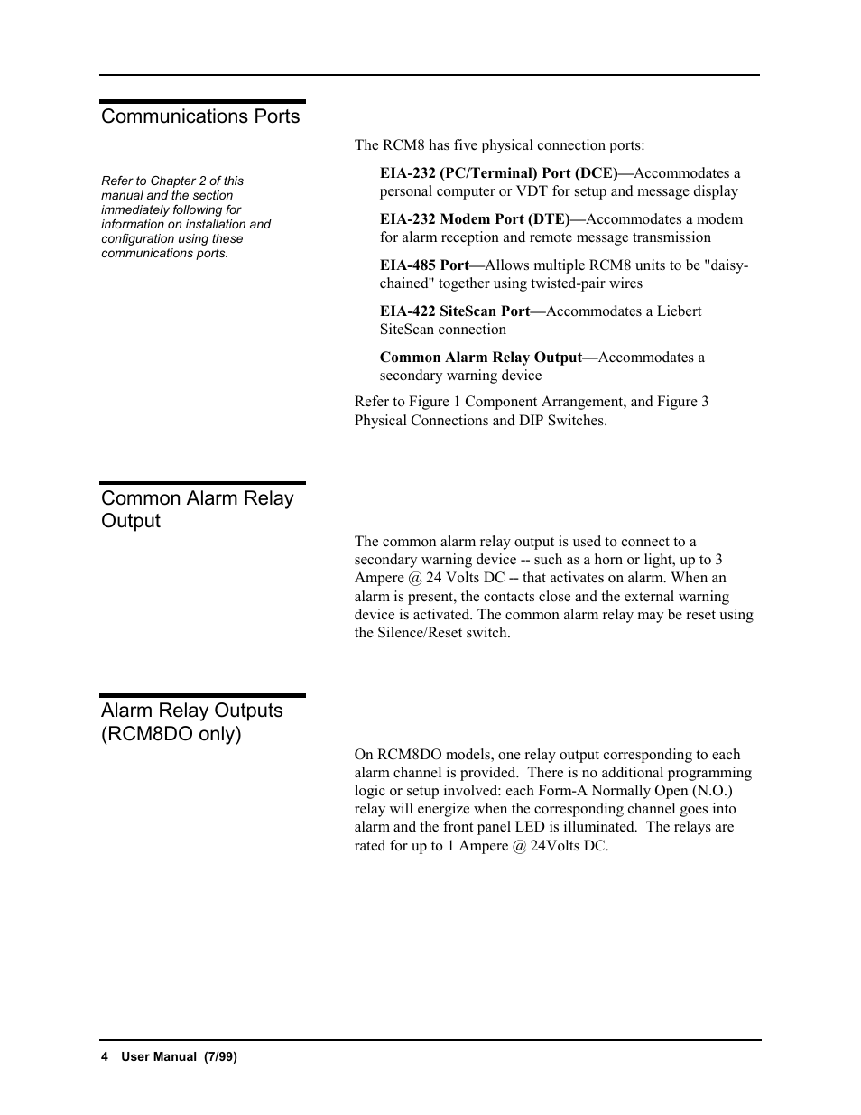 Communications ports, Common alarm relay output, Alarm relay outputs (rcm8do only) | Liebert RCM8DO User Manual | Page 10 / 46