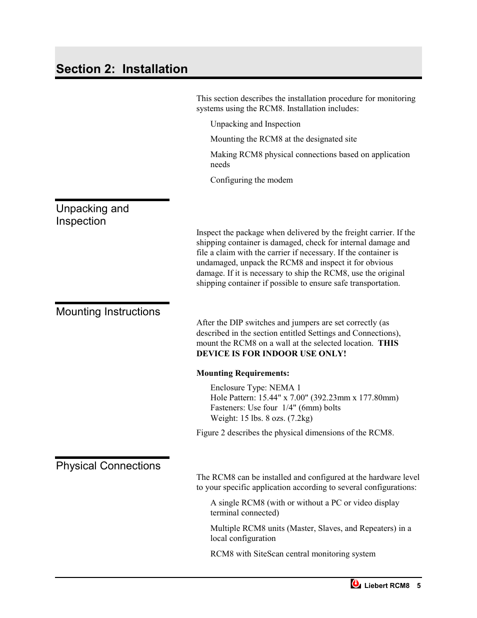 Unpacking and inspection, Mounting instructions, Physical connections | Liebert RCM8DO User Manual | Page 11 / 46