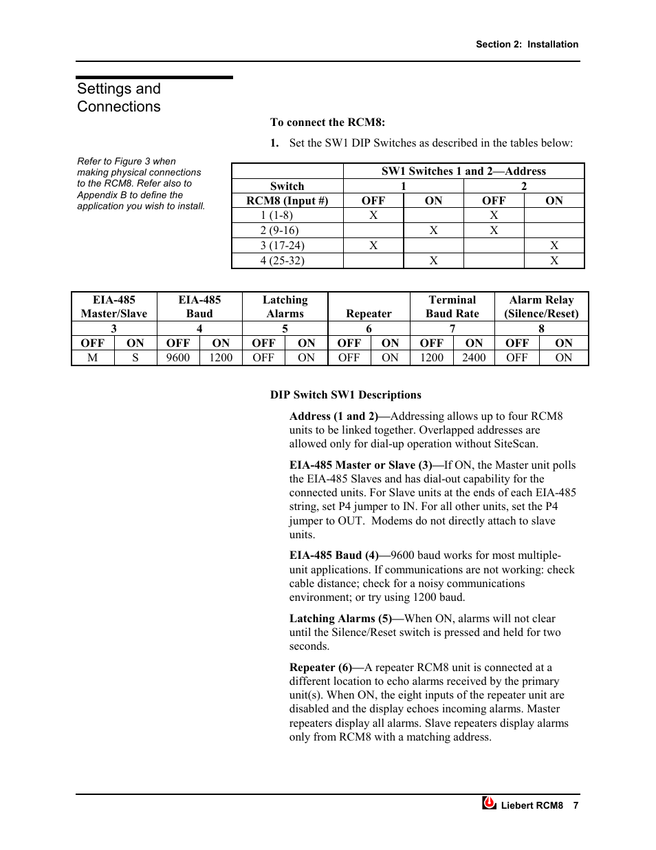 Settings and connections | Liebert RCM8DO User Manual | Page 13 / 46
