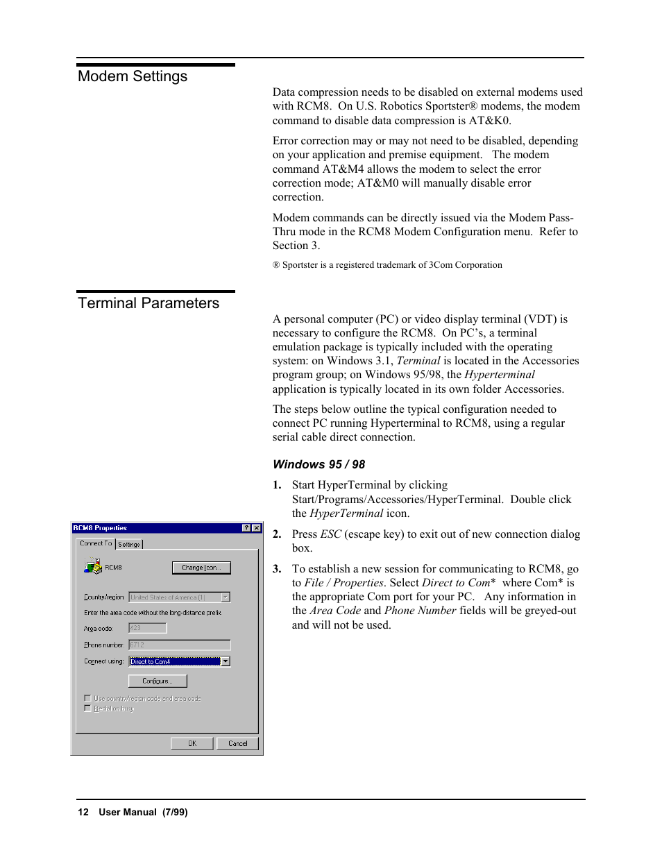 Modem settings terminal parameters, Modem settings, Terminal parameters | Liebert RCM8DO User Manual | Page 18 / 46