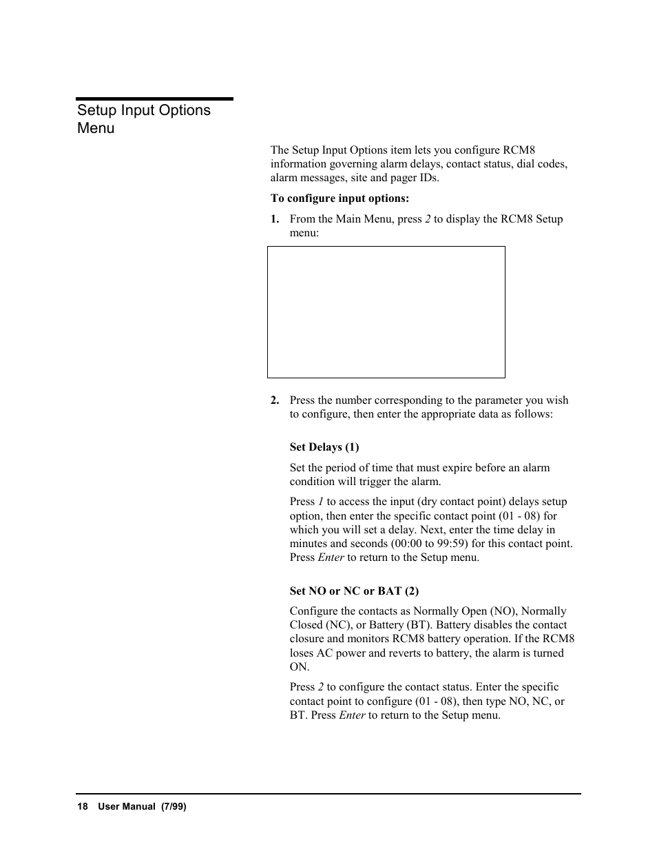 Setup input options menu | Liebert RCM8DO User Manual | Page 24 / 46